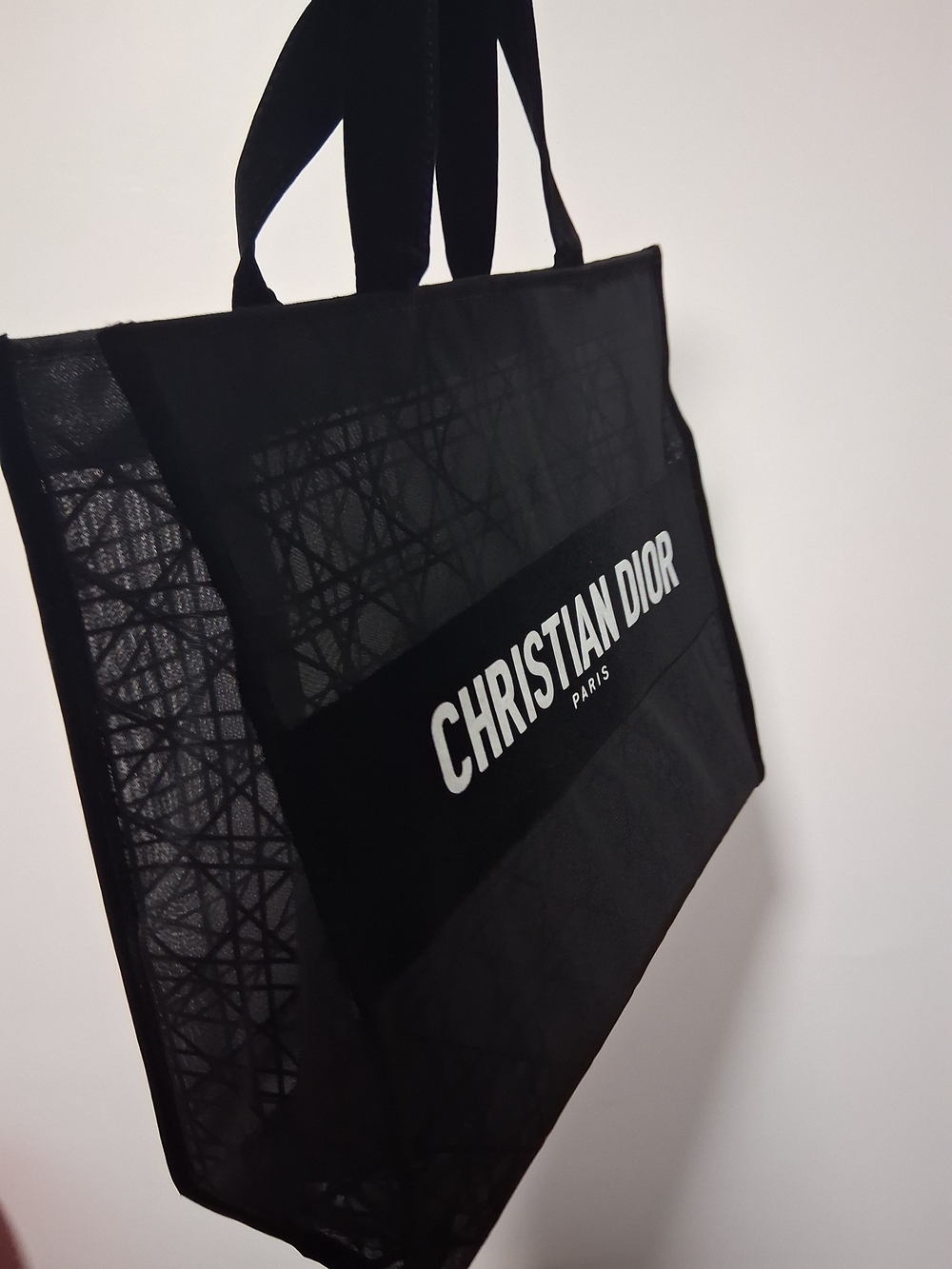 Black Mesh Tote Bag with Geometric Pattern White Logo. - Picture 2 of 4